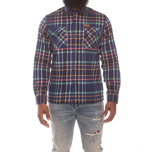 Billionaire Boys Club Plaid Button-Up Shirt - Men's Medieval Blue Flannel with Inspirational Back Design 841-9601