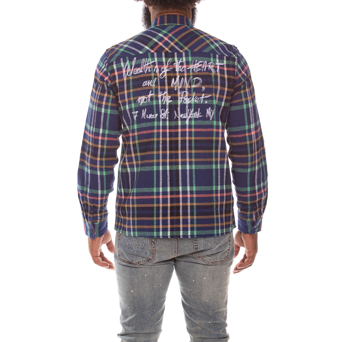 Billionaire Boys Club Plaid Button-Up Shirt - Men's Medieval Blue Flannel with Inspirational Back Design 841-9601