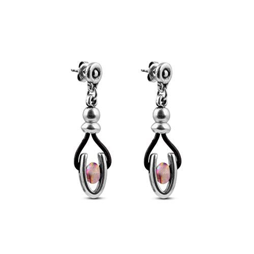 Ciclón "Pigeon" Women’s Black Leather Ellipse Silver Pendant Dangling Earrings with Pink Murano Glass Push Back Closure Fashion Handmade Stunning Jewellery