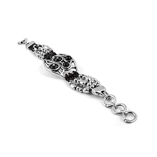 Ciclón "Vergel" Women’s Wide Silver Plated Multi Stand Bracelet with Centre Design Round Shape Black Murano Glass Beads, Adjustable Handmade Fashion Jewellery