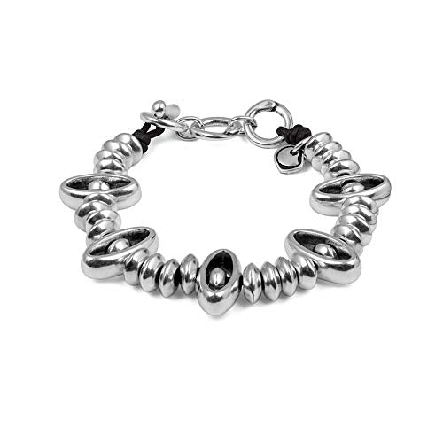 Ciclón "Pigeon" Women’s Single Strand Bracelet Mounted on Black Leather Lace, Ellipses Shape Silver Beads Adjustable Handmade Fashion Jewellery