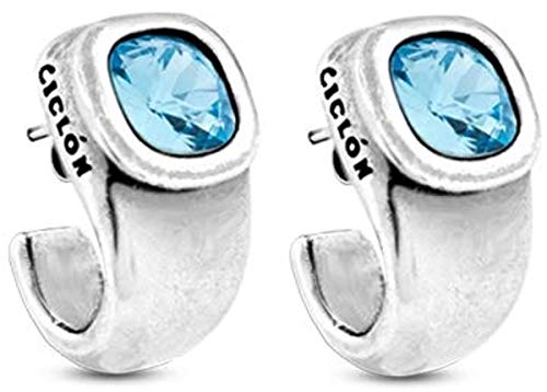 Ciclón "Emotion Collection" Stunning Half round (C shape) Clavados Push-back Metal Silver plated Earrings for Women Fashion Jewellery with Swarovski Crystal in Blue