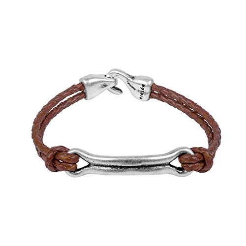 Ciclon "Amarre" Men Bracelet with Two Braided Brown Leather Strands Knotted to the end of Silver plated Metal Center Clasp Fashion Jewellery – Size 7.5