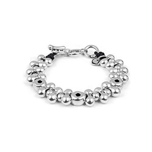 Ciclón "Venice" Women’s Silver-Plated Beads Single Strand Bracelet Mounted on a Leather Lace Toggle Closure, Adjustable Handmade Fashion Jewellery