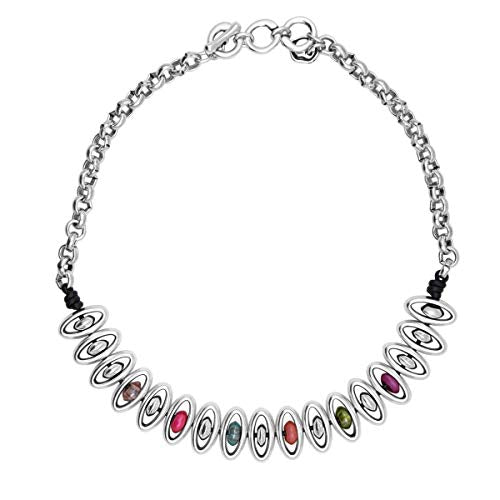 Ciclón"Falassarna" Collar Adjustable Necklace Mounted on Leather Lace, Ellipses Design, Silver and Colorful Murano Crystal Beads for Women