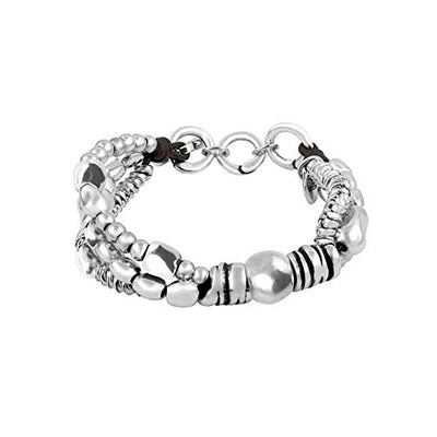 Ciclón "Entrenudos” Three Strand Adjustable Women Bracelet Mounted on a Leather Lace and Formed by irregular Silver plated Metal Beads
