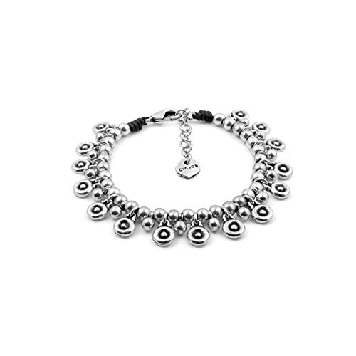 Ciclon “Gran Anse” Silver Chain Link Women Bracelet with Multiple Silver Plated Dangling Pendant in Rounded Shape Adjustable Closure Fashion Handmade Classic Jewellery