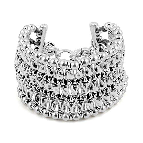 Ciclón "Manto" Women’s Statement Piece Wide Multi-strand Bracelet Mounted on a Leather Lace and Formed by Silver Plated Metal Beads Adjustable Jewellery