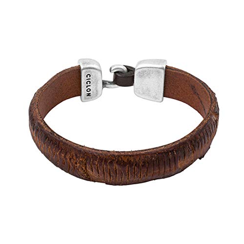 Ciclon "Curtida" Men Brown Leather Bracelet with Silver plated Metal Clasp and Engraved Vertical Marks on Leather Fashion Jewellery – Size 8.5